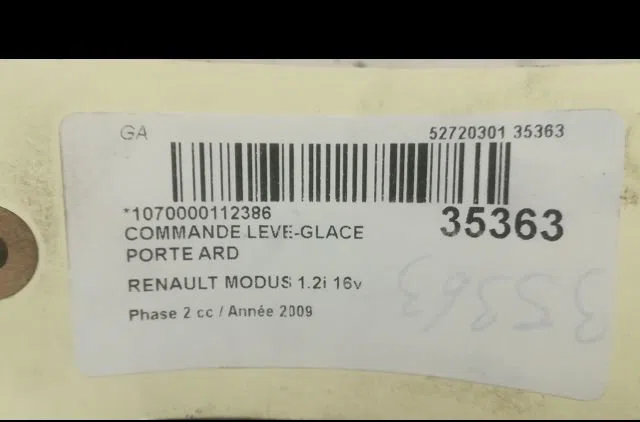 Commande leve-glace porte arrière droite Renault MODUS - GRAND MODUS (F-JP0_) 1.2 (jp0c, jp0k, fp0c, fp0k, fp0p, jp0p, j