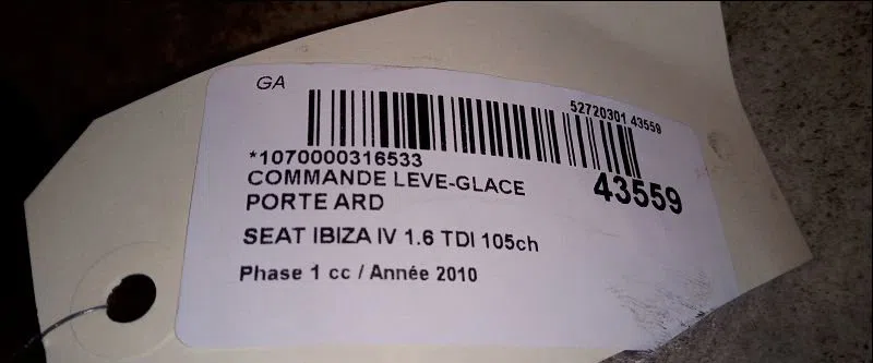 Commande leve-glace porte arrière droite Seat IBIZA IV (6J5, 6P1) 1.6 tdi (2009-2015) occasion
