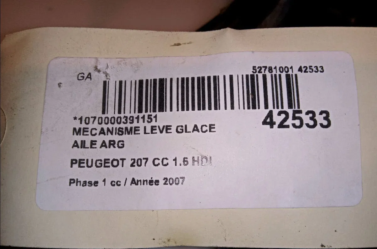 Mecanisme leve glace aile arg Peugeot 207 CC (WD_) 1.6 hdi (2007-2015) occasion