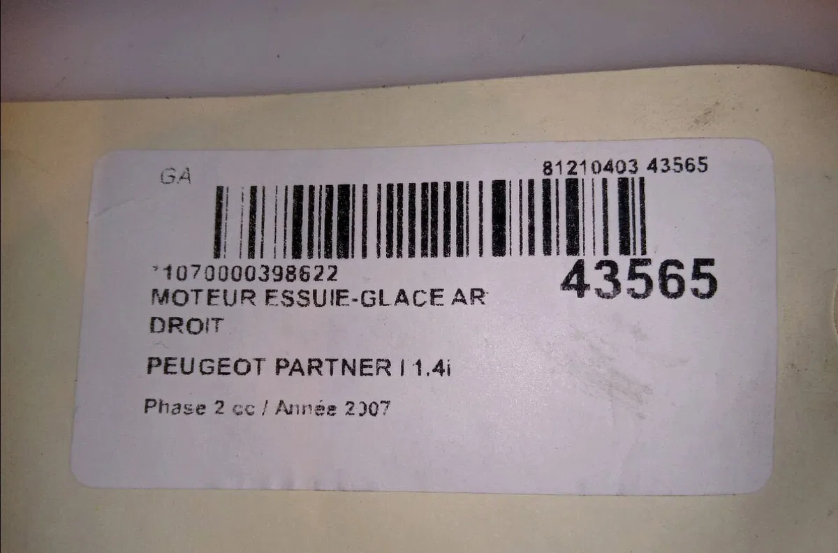 Moteur essuie-glace ar droit Peugeot PARTNER Monospace (5_, G_) 1.4 (1996-2015) occasion