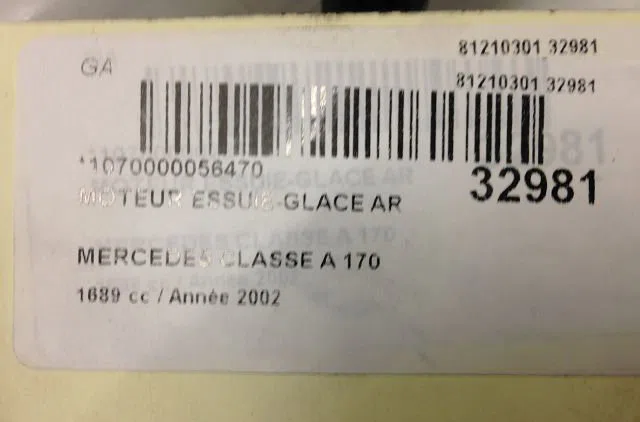 Moteur essuie-glace arrière MERCEDES CLASSE A I 2002 occasion