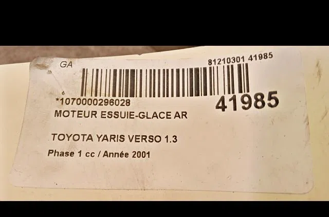 Moteur essuie-glace arrière Toyota YARIS VERSO (_P2_) 1.3 (ncp20_, ncp22_) (1999-2002) occasion
