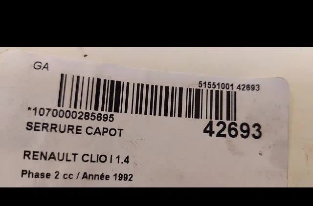 Serrure capot Renault CLIO I (B-C57_, 5-357_) 1.4 (1991-1998) occasion