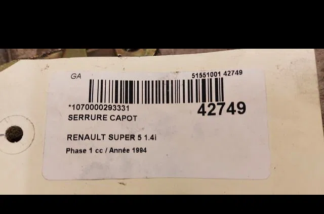 Serrure capot Renault SUPER 5 (B-C40_) 1.4 cat (b-c-407) (1985-1996) occasion