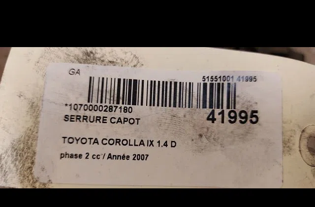 Serrure capot Toyota COROLLA (_E12_) 1.4 d (nde120_) (2004-2007) 5 portes occasion