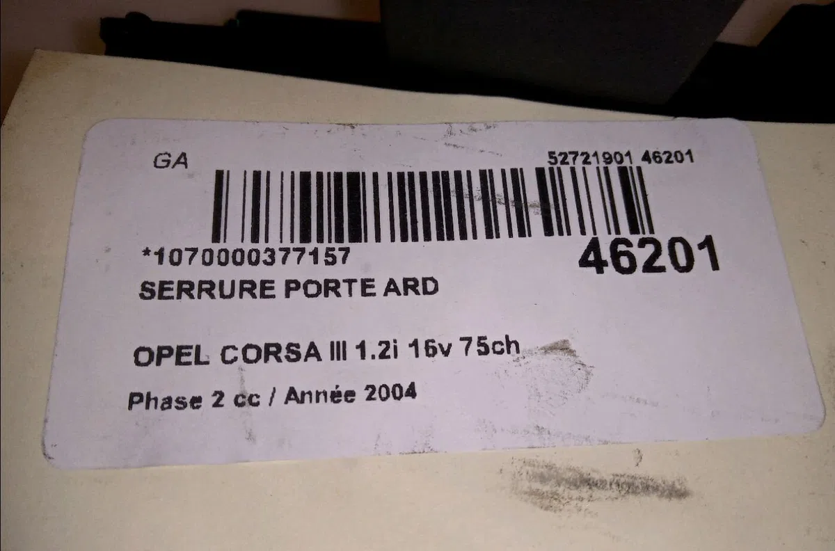 Serrure porte ard Opel CORSA C (X01) 1.2 (f08, f68) (2000-2009) occasion