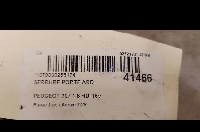 Serrure porte ard Peugeot 307 (3A-C) 1.6 hdi 110 (2004-2009) 5 portes occasion