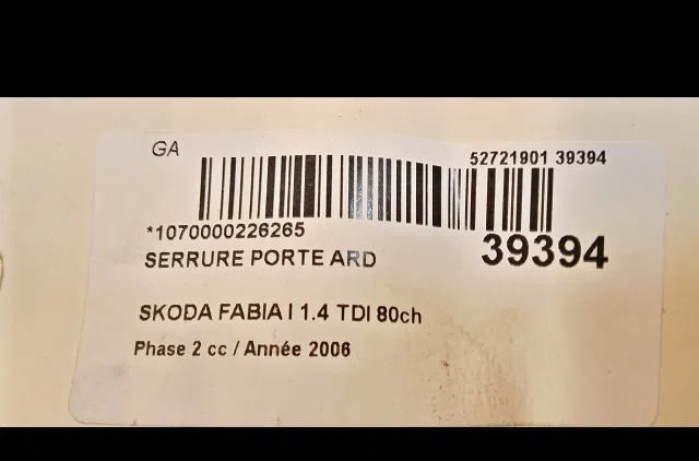 Serrure porte ard Skoda FABIA I (6Y2) 1.4 tdi (2005-2008) occasion
