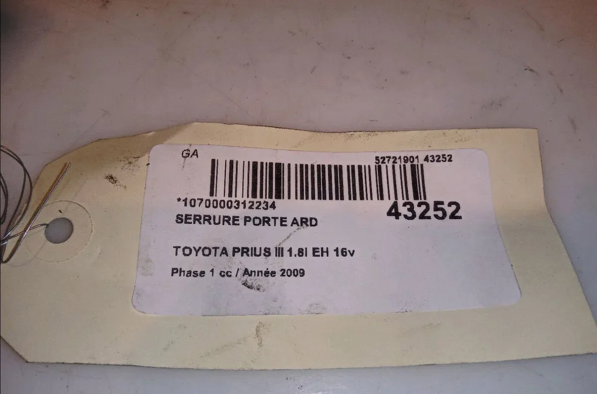 Serrure porte ard Toyota PRIUS (_W3_) 1.8 hybrid (zvw3_) (2008) occasion