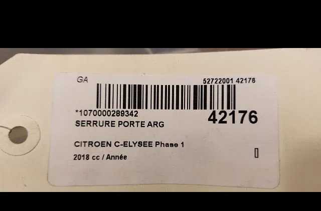 Serrure porte arg Citroen C-ELYSEE (DD_) 1.2 vti 82 (2014) occasion