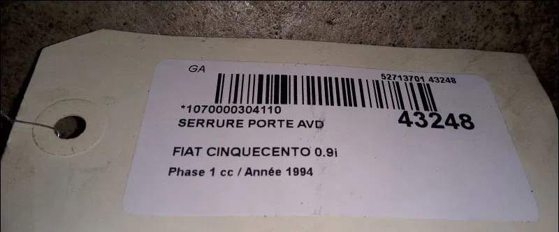 Serrure porte avd Fiat CINQUECENTO (170_) 0.9 i.e. s (170af, 170cf) (1991-1999) occasion