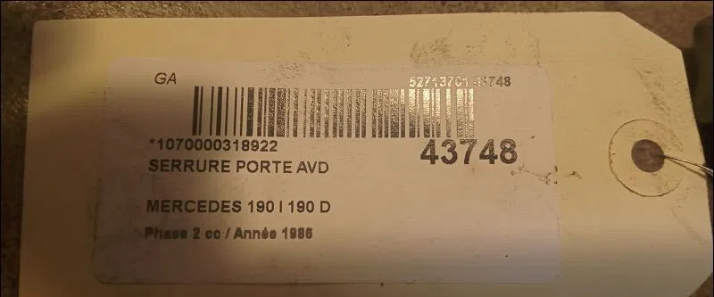 Serrure porte avd Mercedes-benz 190 (W201) D 2.0 (201.122) (1983-1989) occasion
