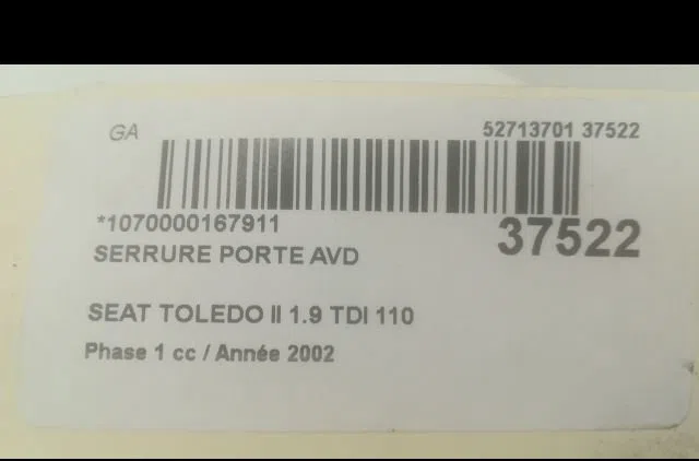 Serrure porte avd Seat TOLEDO II (1M2) 1.9 tdi (1999-2004) occasion