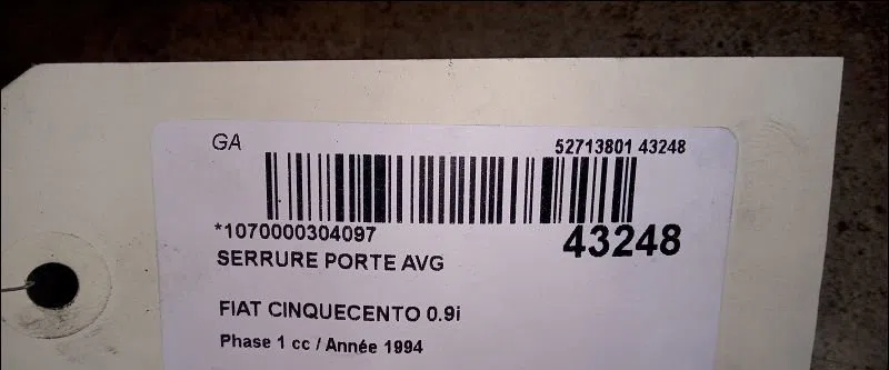 Serrure porte avg Fiat CINQUECENTO (170_) 0.9 i.e. s (170af, 170cf) (1991-1999) occasion